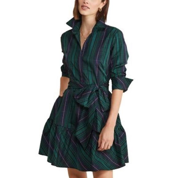 NWT Vineyard Vines 8 Green Plaid Taffeta Tie-Waist Long Sleeve Mini Shirt Dress - Picture 1 of 5